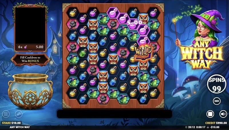 Any Witch Way - pantalla del juego con caldero y cuadrícula de 9x8